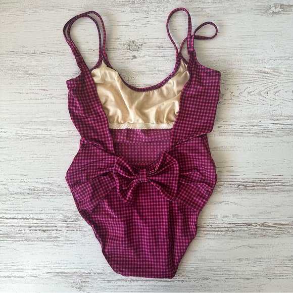 VINTAGE 80s Gingham High Cut Bow One Piece Swimsuit Dunkis of New York Hot Pink - Picture 5 of 14